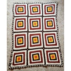 Vtg 70s Handmade Afghan Throw Bedspread Granny Squares Brown Gold Twin 50"X60"